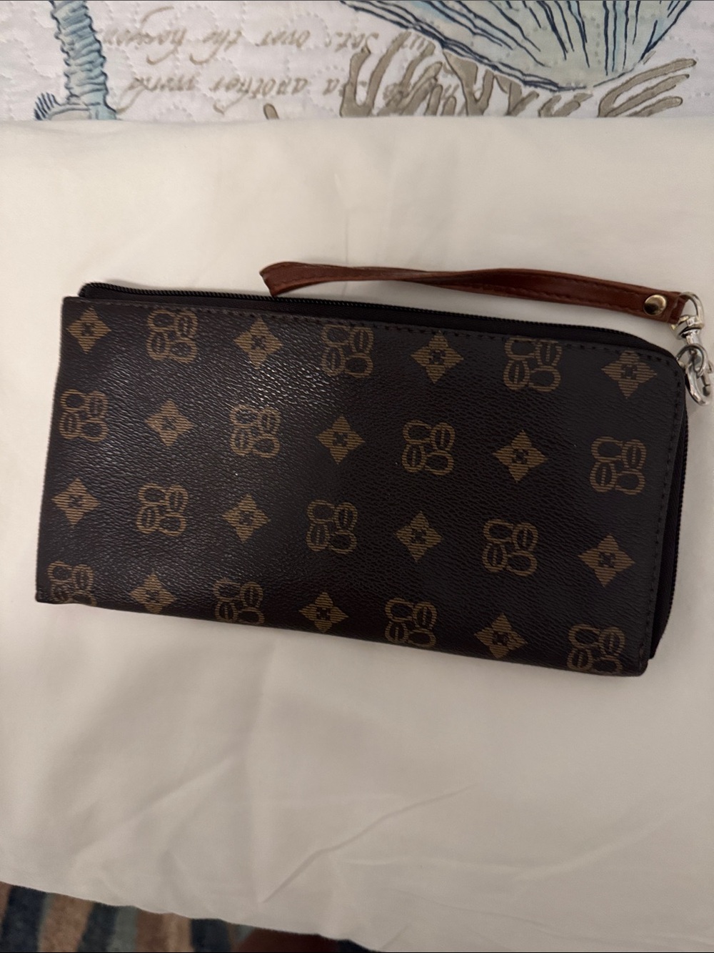 Brown Monogram Zip Wristlet Clutch with Removable Strap